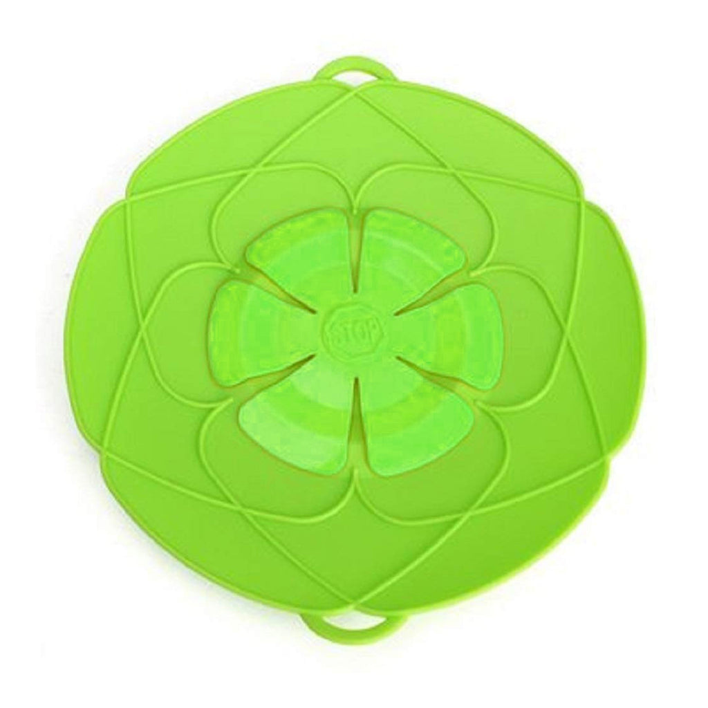 The Silicone Spill Stopper Lid showcasing its universal fit on a pan.