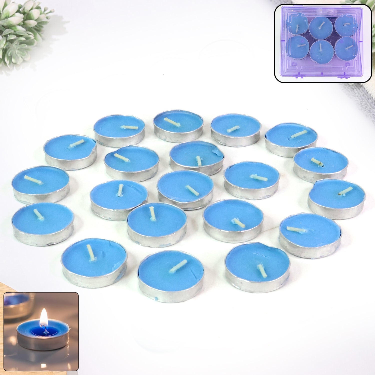 Set of vibrant multicolor tea light candles in metal holders creating warm indoor ambiance