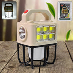 Solar camping lantern illuminated outdoors providing bright light