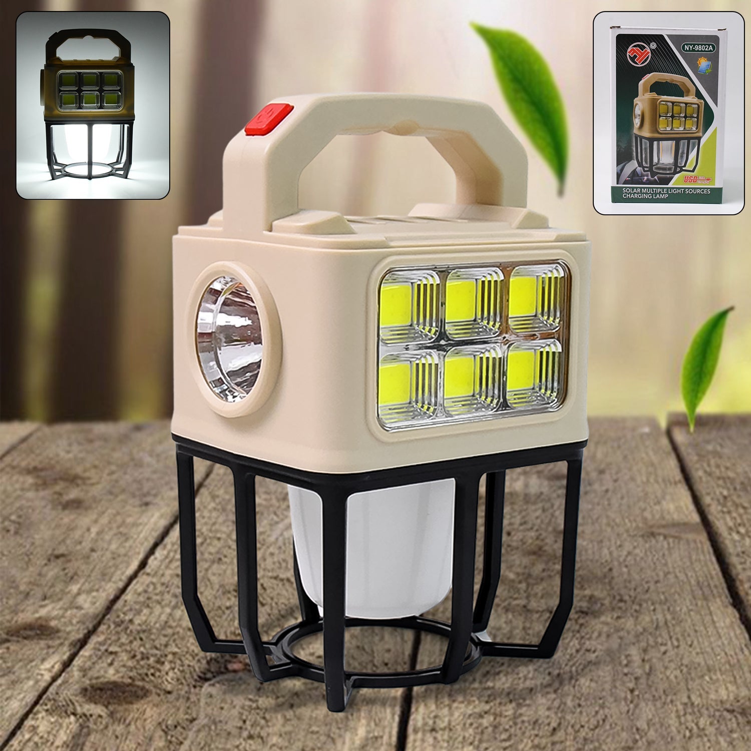 Solar camping lantern illuminated outdoors providing bright light