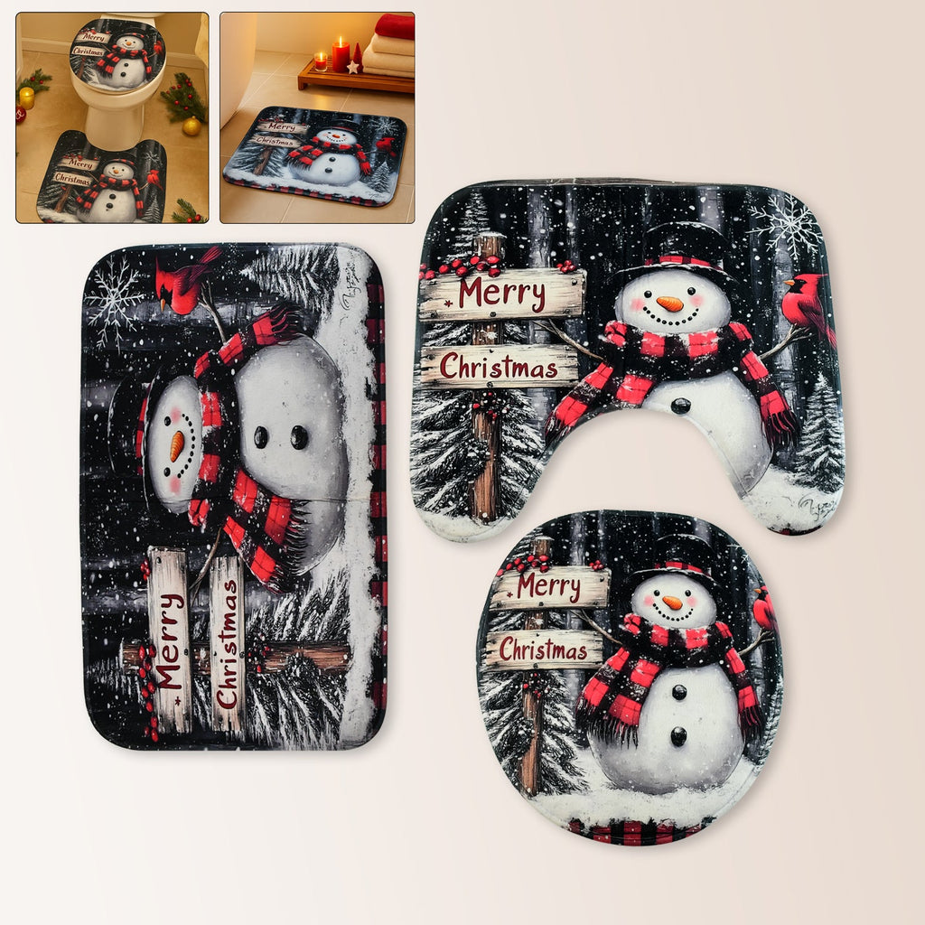 Christmas-themed bathroom mat set with snowman print and festive design