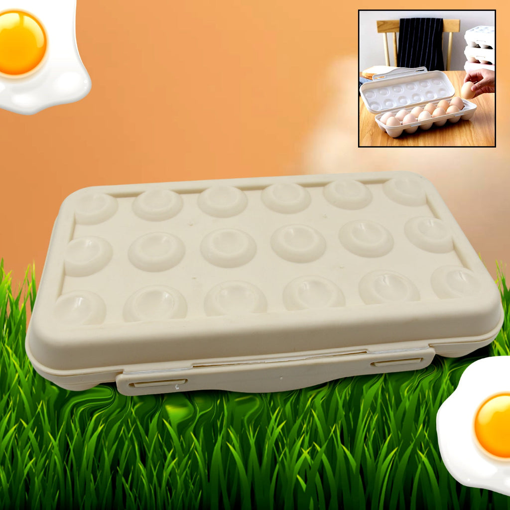 Clear plastic fridge egg holder with 18 eggs visible, showcasing organized storage.