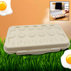 Clear plastic fridge egg holder with 18 eggs visible, showcasing organized storage.