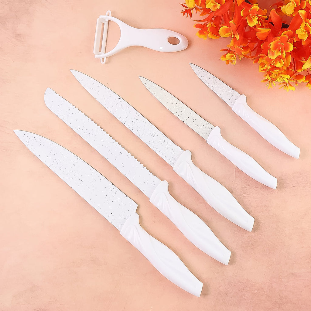 3 piece chef, utility and paring knives with marble coated stainless steel blades