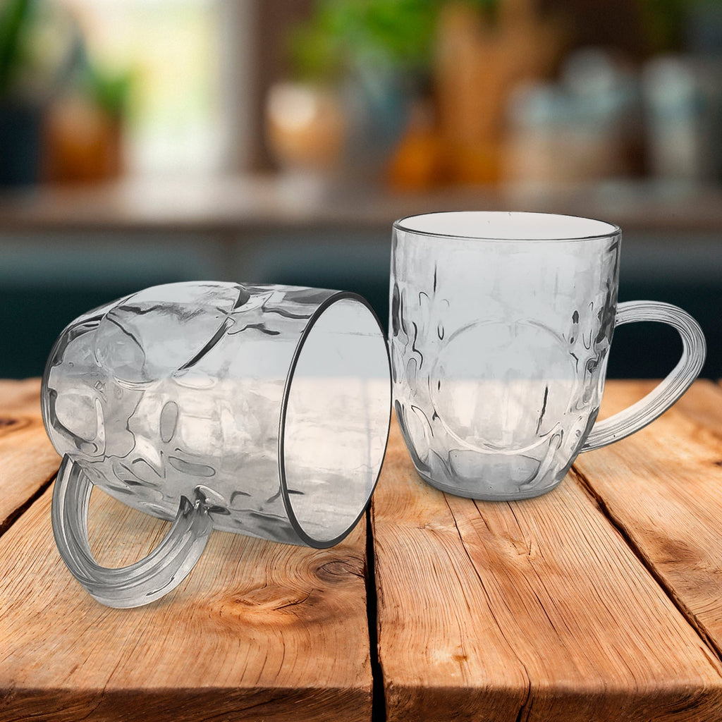 Set of two durable 350ml shake plastic mugs with side handles and clear body