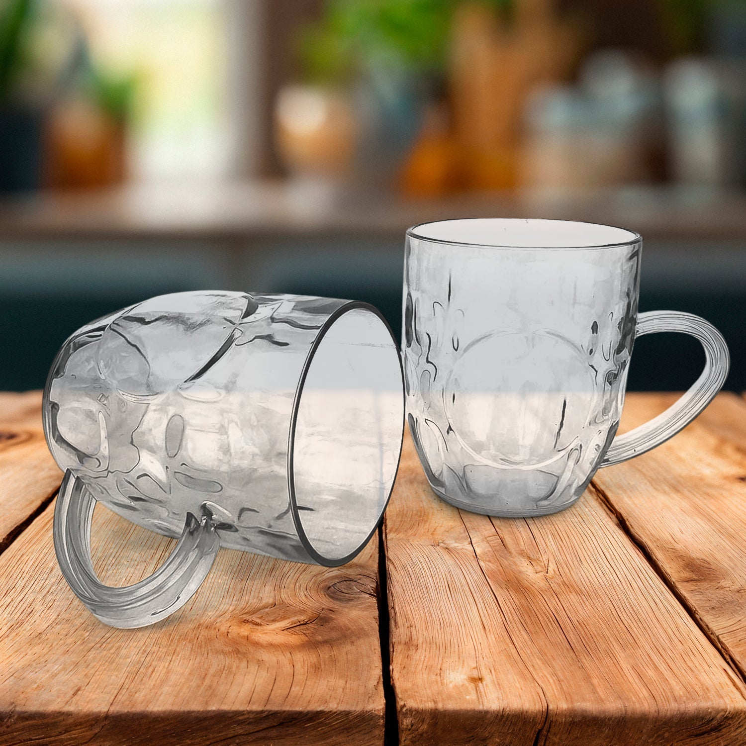 Set of two durable 350ml shake plastic mugs with side handles and clear body
