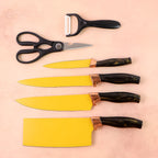 Black marbled ergonomic handle on kitchen knife blade