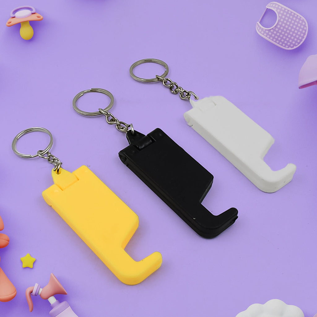 Multicolor plastic keychain mobile stand displaying smartphone support.