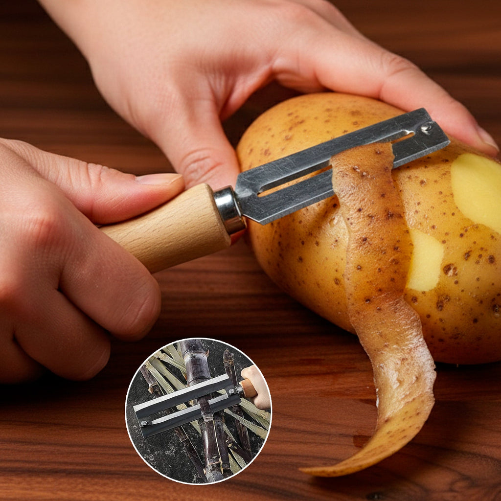 Stainless steel vegetable peeler with ergonomic wooden handle for easy peeling