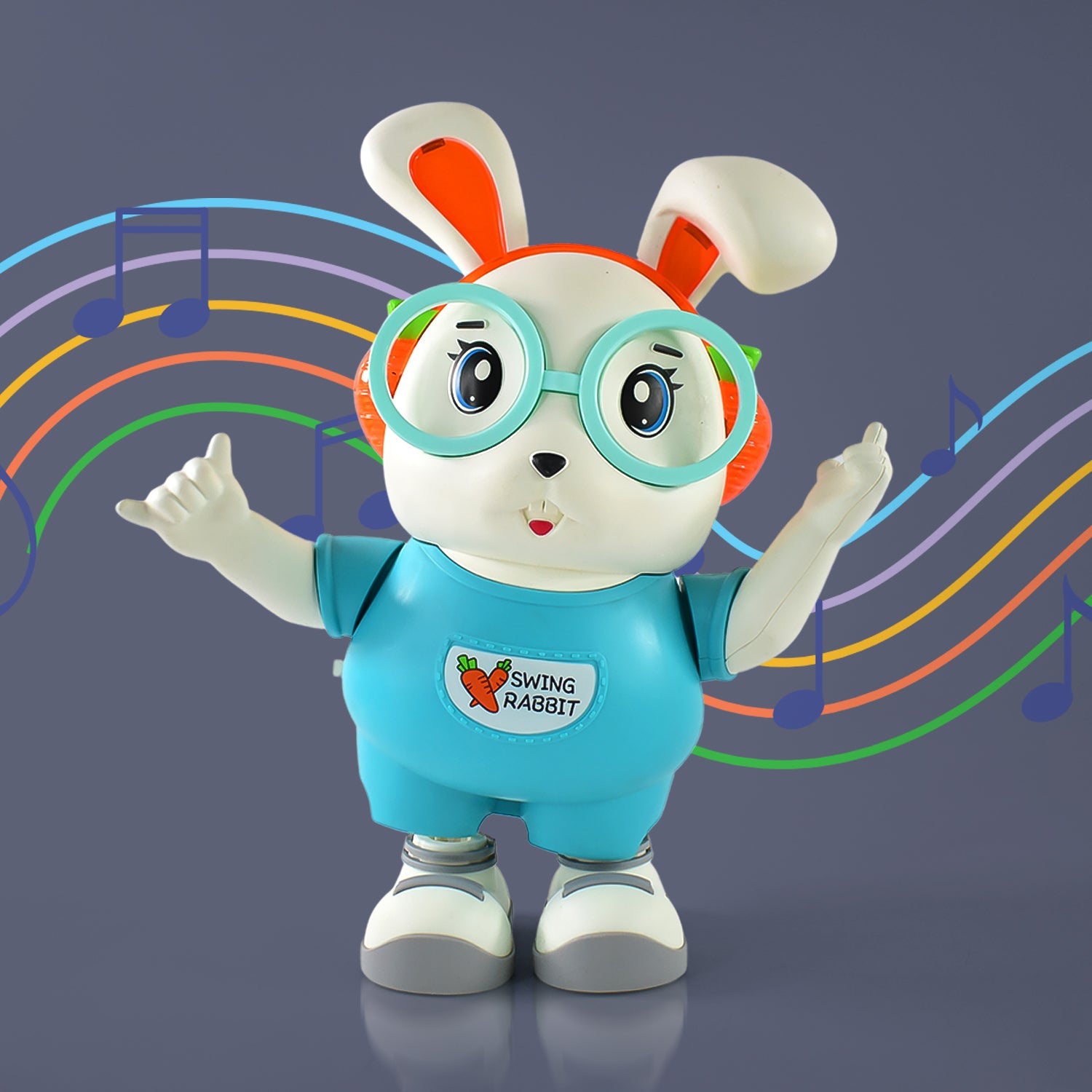 Detail of Tippy Toes Rabbit Toy outfit with glasses and badge