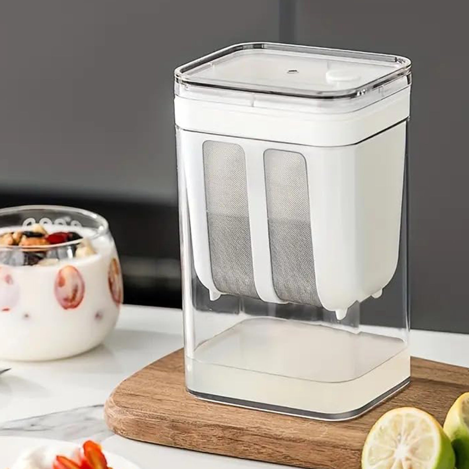Stainless steel mesh yogurt strainer inside plastic container with lid