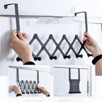 Close-up of the 6 non-slip hooks on the steel door hanger, ideal for multiple items.