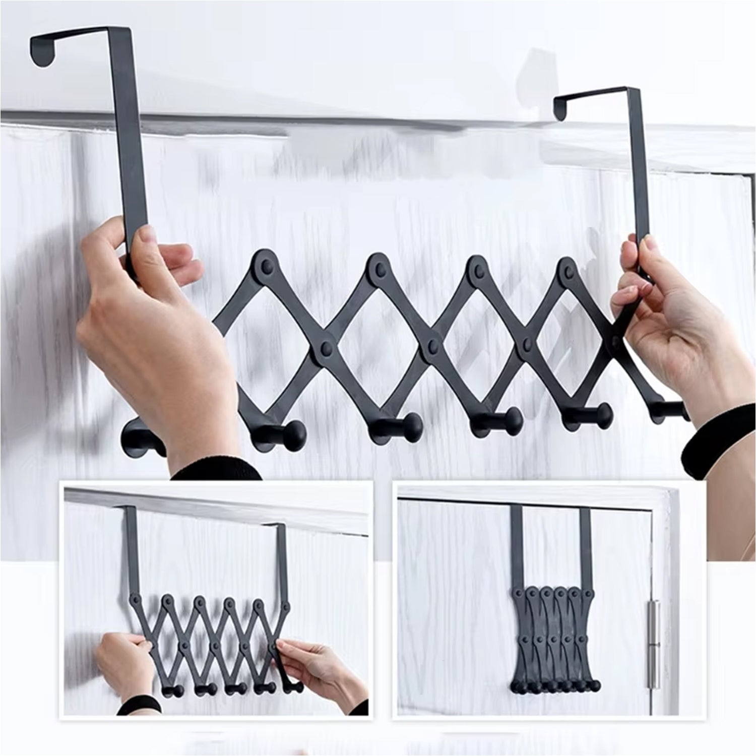Close-up of the 6 non-slip hooks on the steel door hanger, ideal for multiple items.