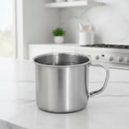 Steel drinking mug designed for home, camping, and travel utility