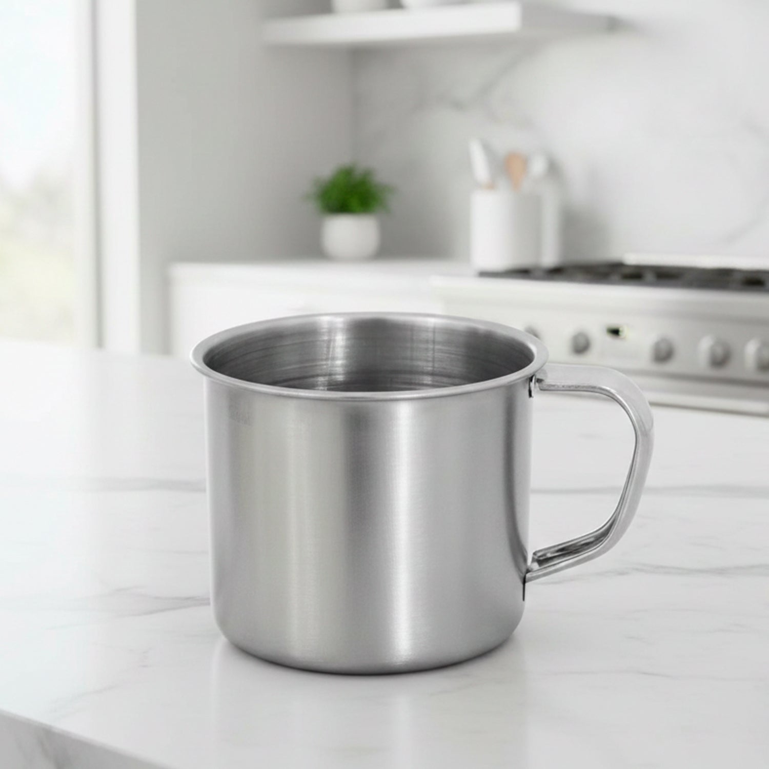 Steel drinking mug designed for home, camping, and travel utility