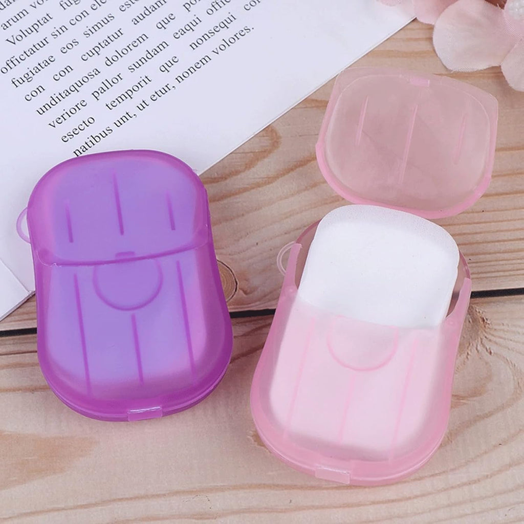 Pack of colorful travel paper soap sheets in a compact travel box