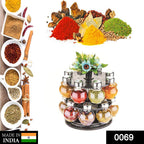 Close-up of the plastic spice rack set with clear jars and stainless steel caps.