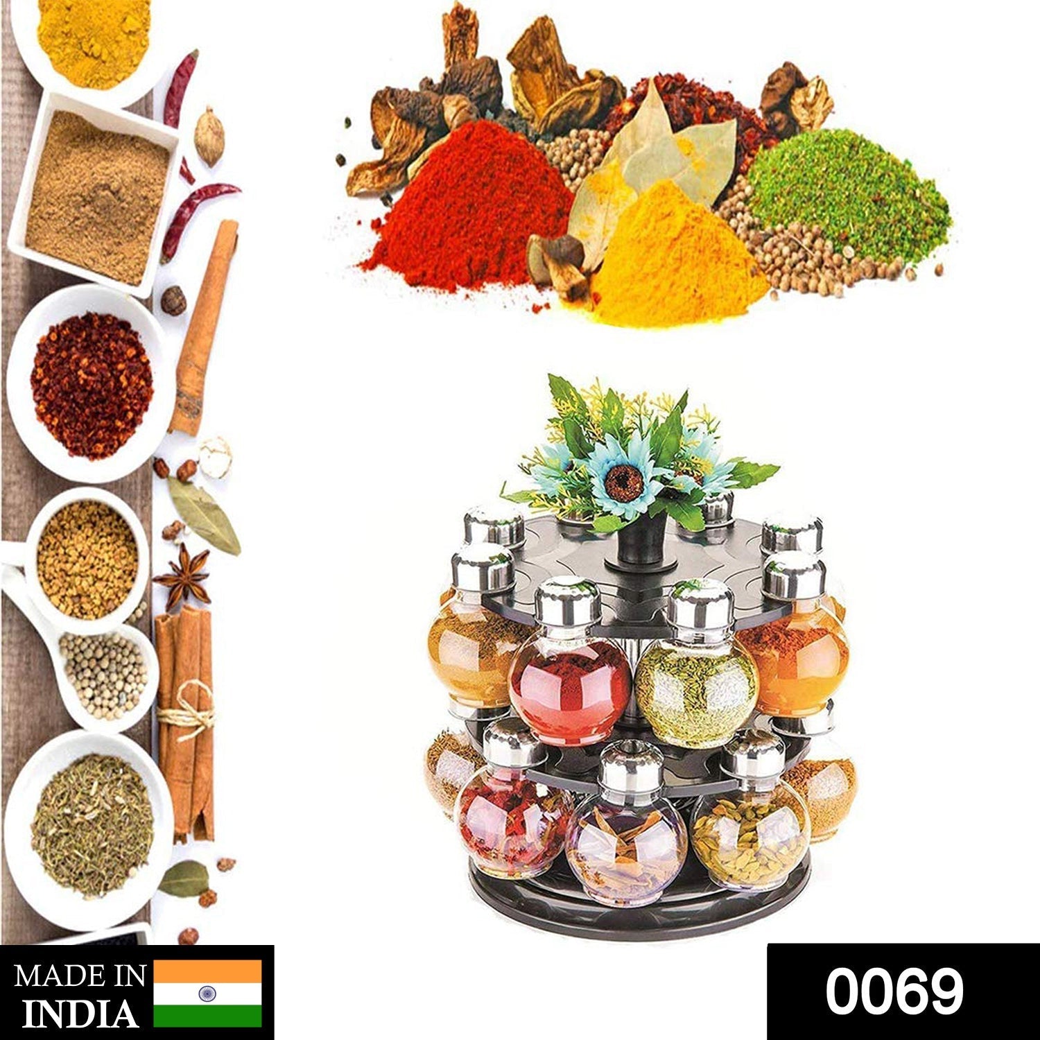 Close-up of the plastic spice rack set with clear jars and stainless steel caps.