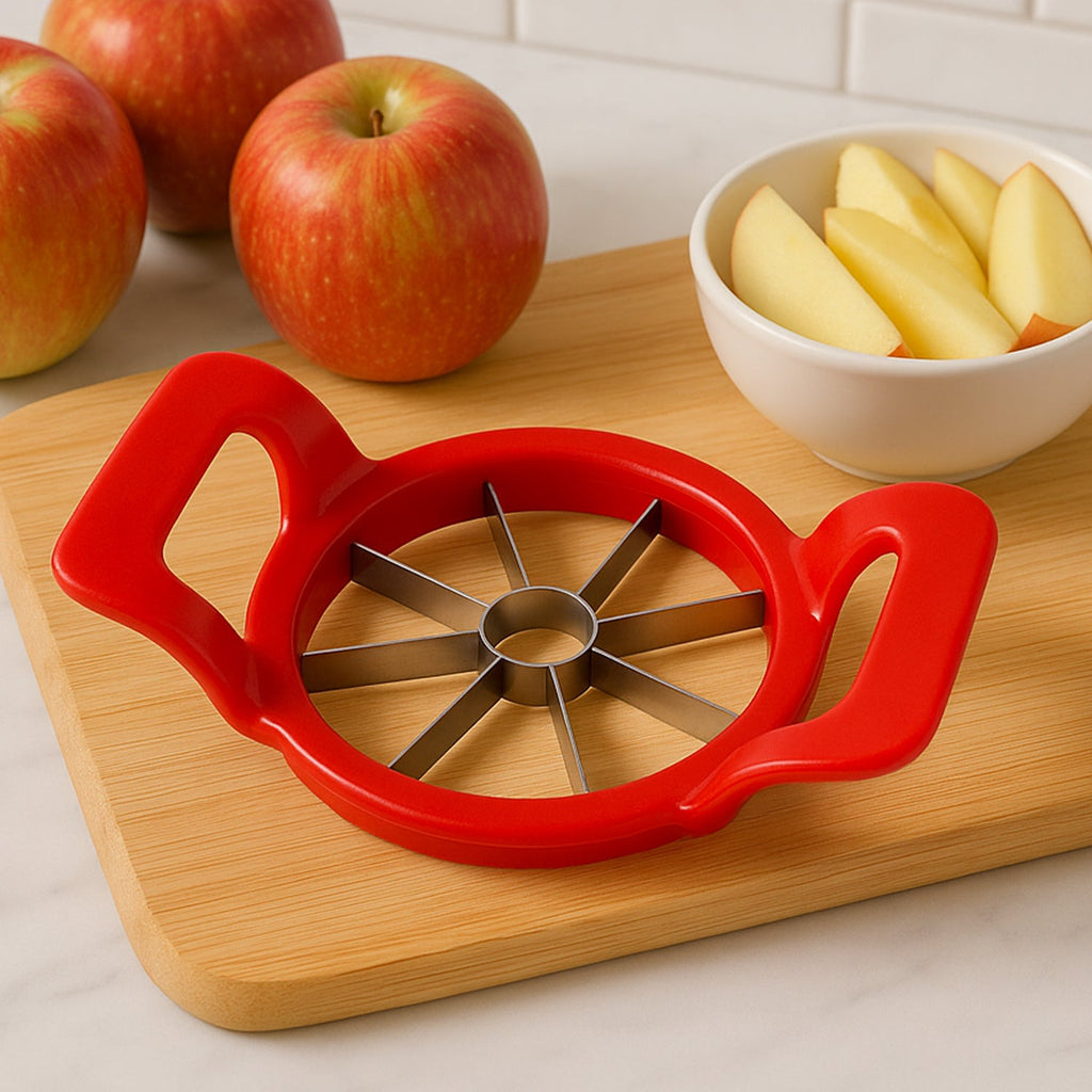 Quickslice Apple Cutter shown with a perfectly sliced apple, demonstrating its 8-blade design.