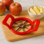 Quickslice Apple Cutter shown with a perfectly sliced apple, demonstrating its 8-blade design.