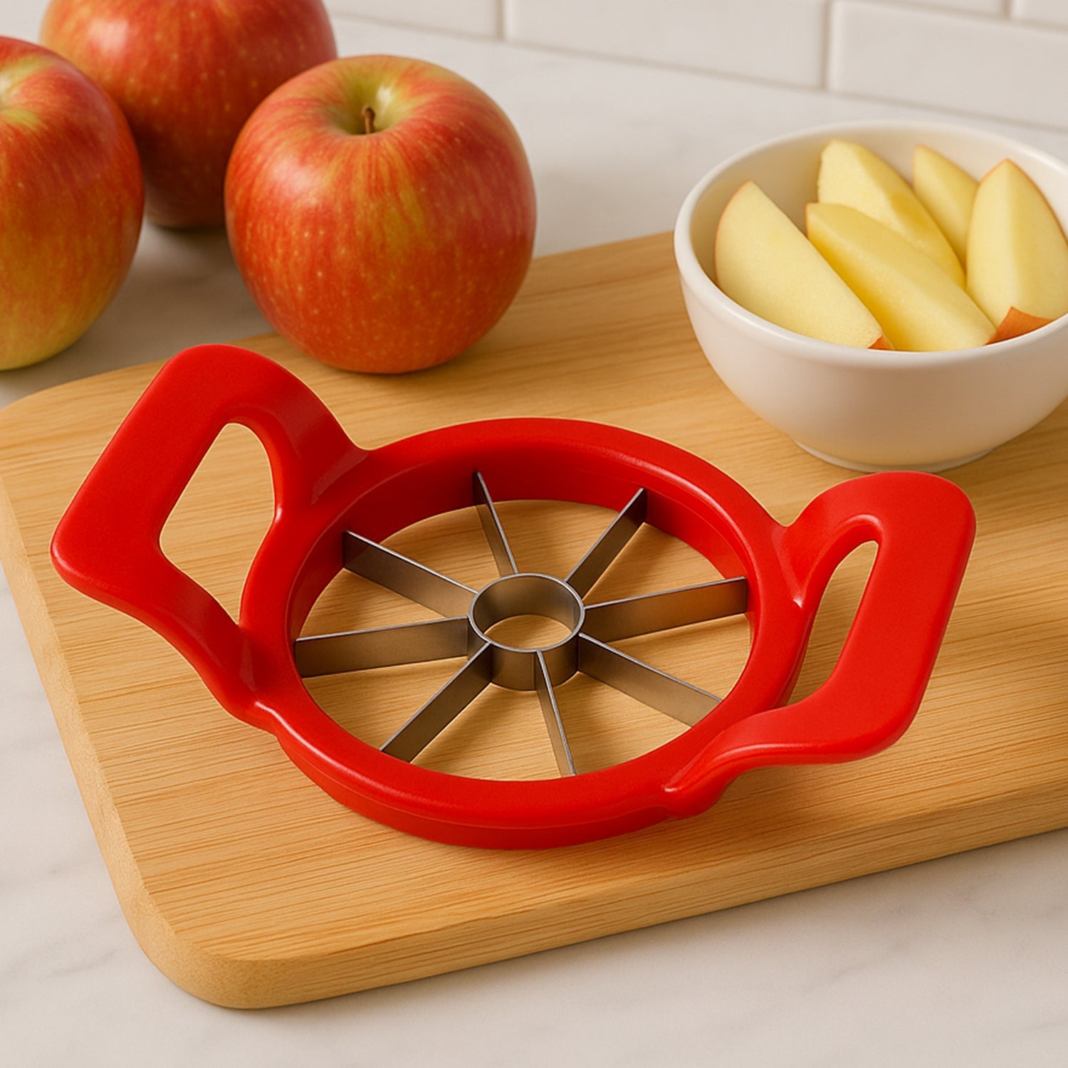 Quickslice Apple Cutter shown with a perfectly sliced apple, demonstrating its 8-blade design.