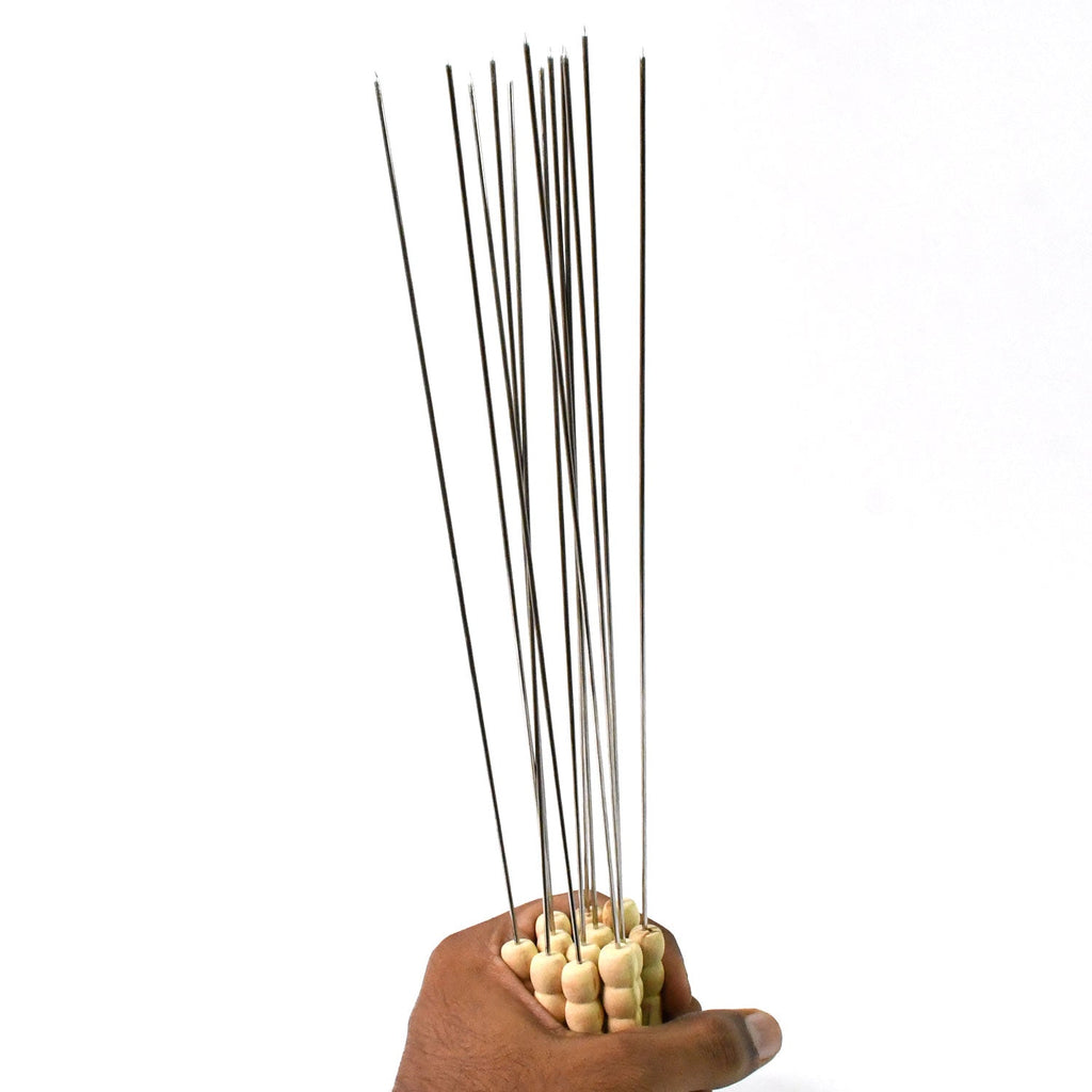 Packaging shot showing the 12-pack of durable BBQ skewers with pointed tips.