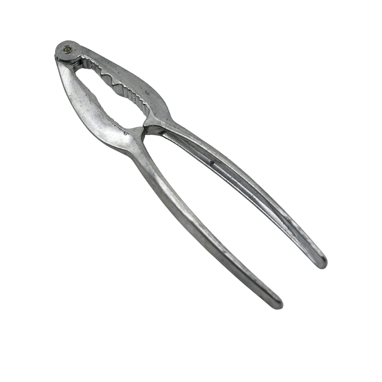 Stainless steel nut cracker with various nuts, including walnuts and almonds.