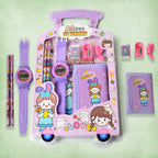 Complete 7-in-1 Kids Stationery Set with pencils, sharpener, eraser, and pouch.