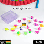 Close-up of assorted colorful toys inside the transparent plastic storage container.