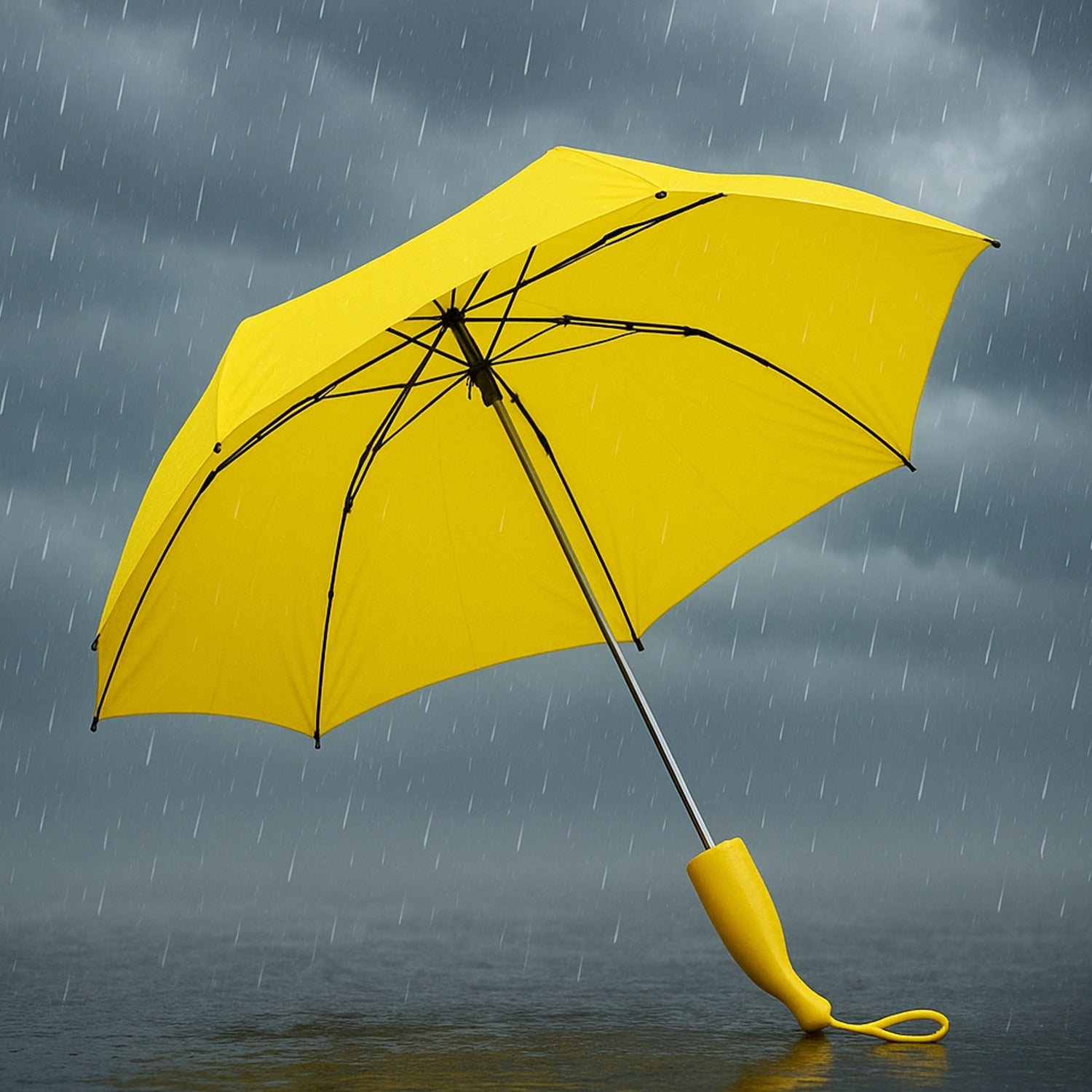 Fully opened banana shaped umbrella revealing its durable windproof ribs.