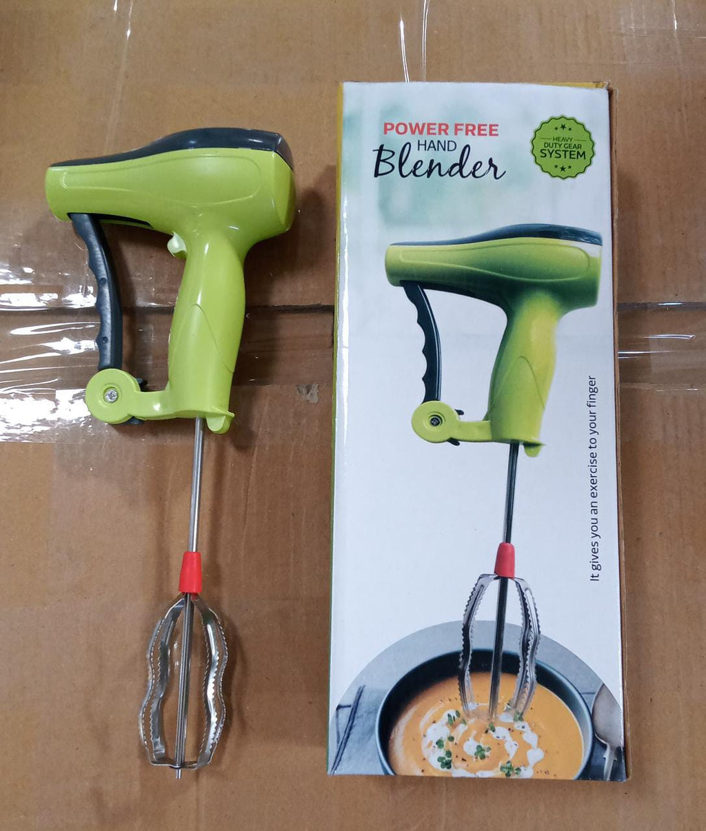 The compact design of the manual hand blender with stainless steel beaters.