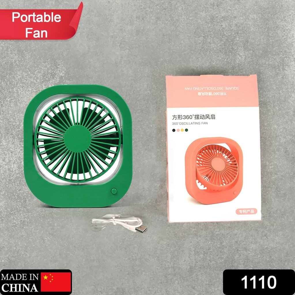 Portable USB fan with 2 speeds and 180-degree rotation, shown in a clean setting.