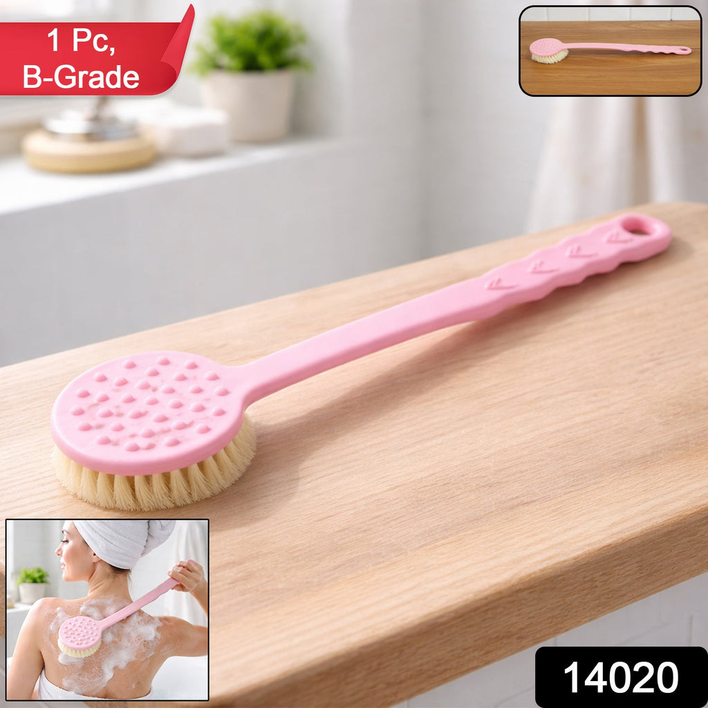 Ergonomic long handle back scrubber featuring soft bristles for deep cleansing and exfoliation.