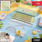 Kids cartoon geometry box stationery set with compact pencil case and math tools