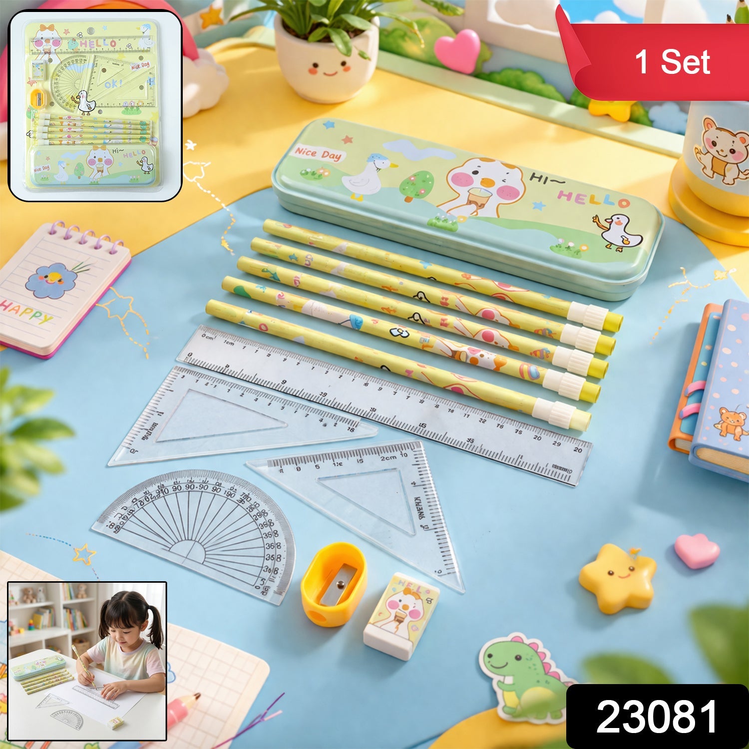 Kids cartoon geometry box stationery set with compact pencil case and math tools
