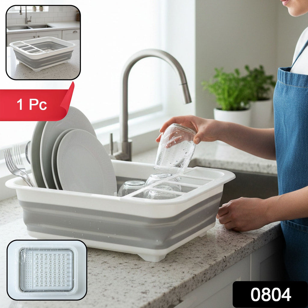 Foldable plastic dish drying rack with compartments for dishes and utensils