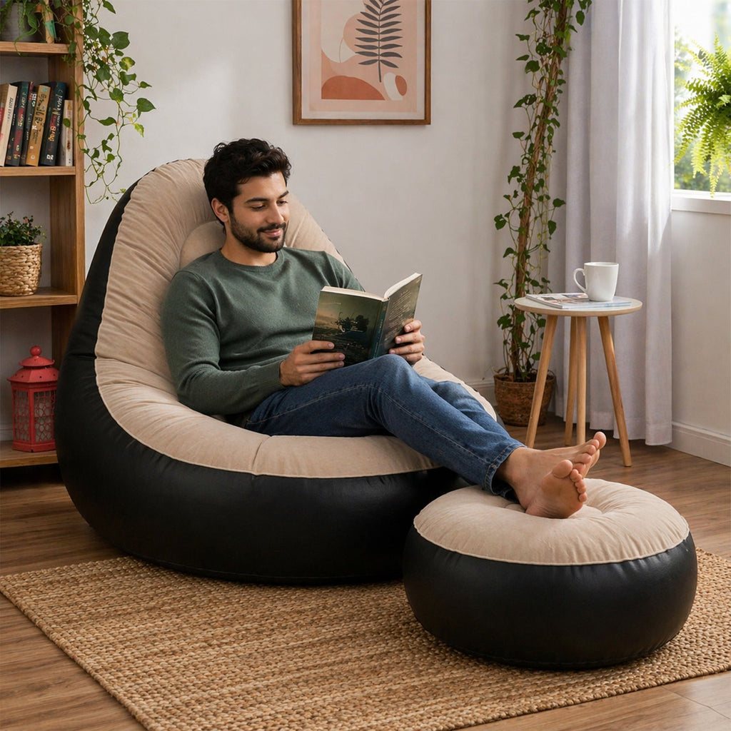 Inflatable air sofa chair with footrest setup, perfect for indoor or outdoor lounging