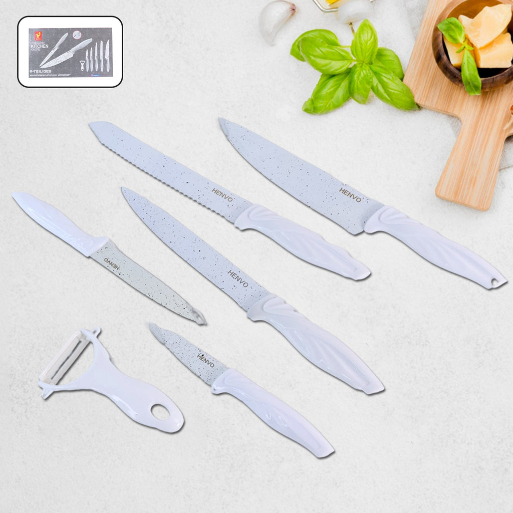 Marble coated kitchen knife set displaying sharp stainless steel blades