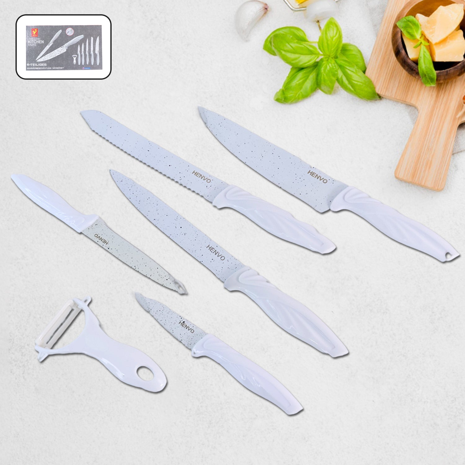 Marble coated kitchen knife set displaying sharp stainless steel blades
