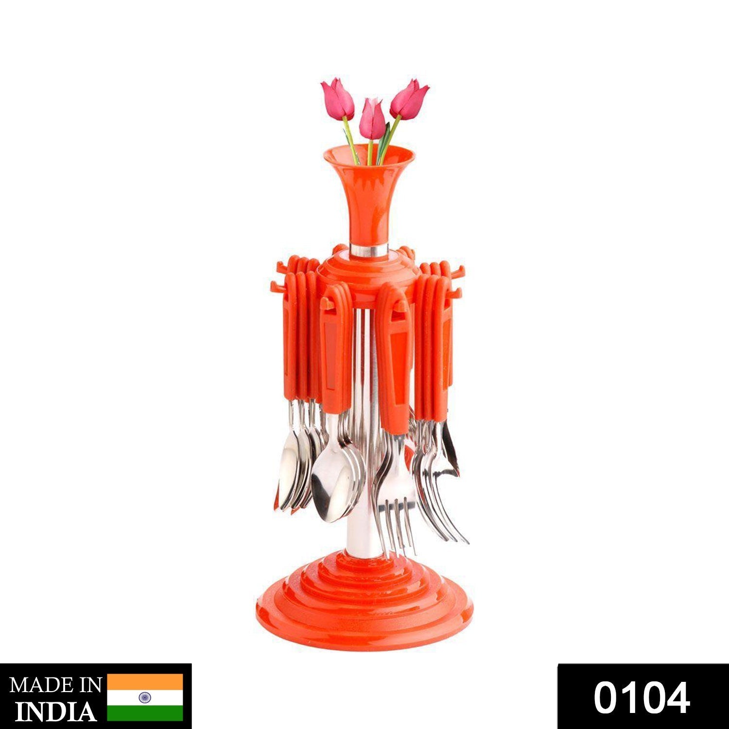 Complete 24 Pcs cutlery set with a mix of stainless steel and plastic handles on its revolving stand.