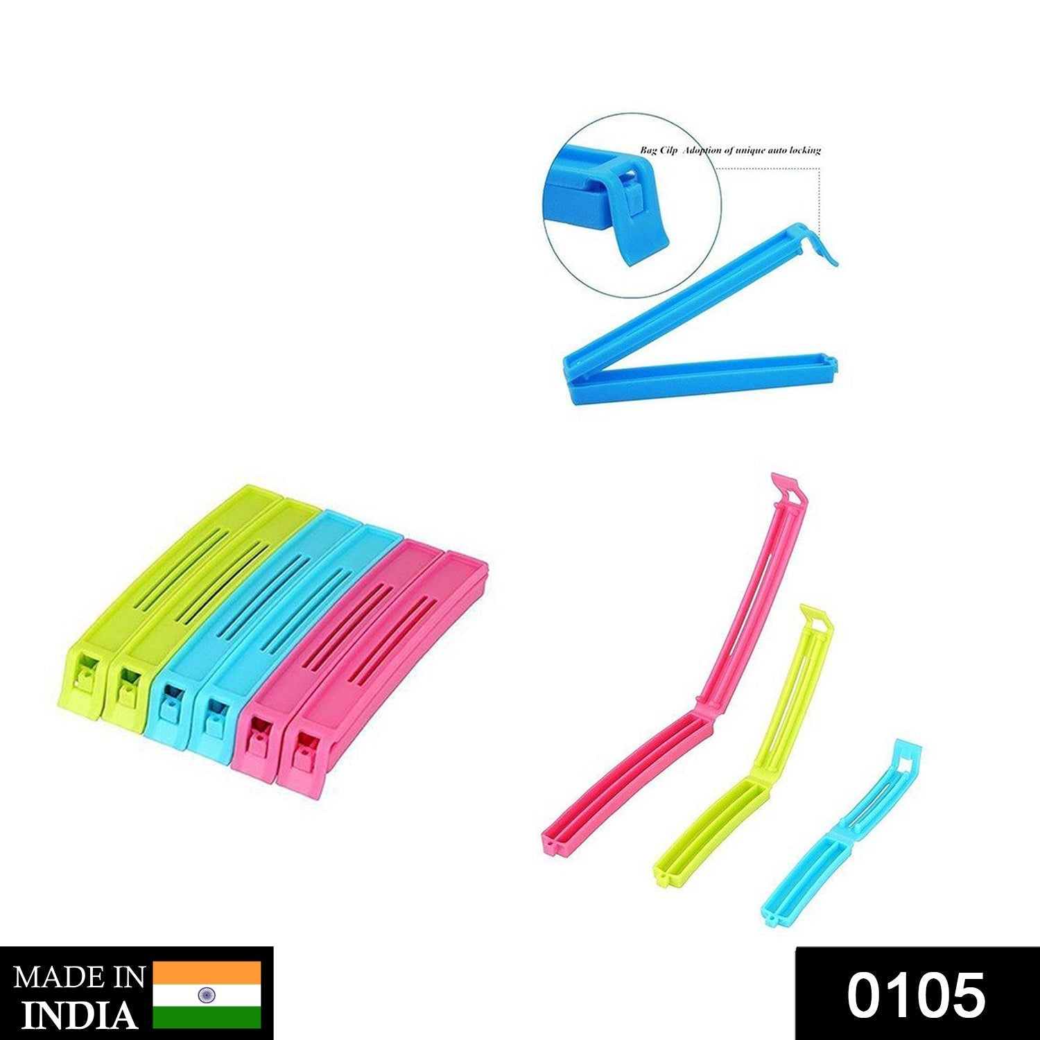 Close-up of multicolour plastic snack bag clips keeping food fresh.