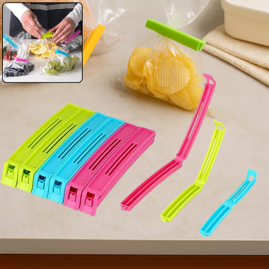 Assorted plastic snack bag clips in a set of 18, ready for use.