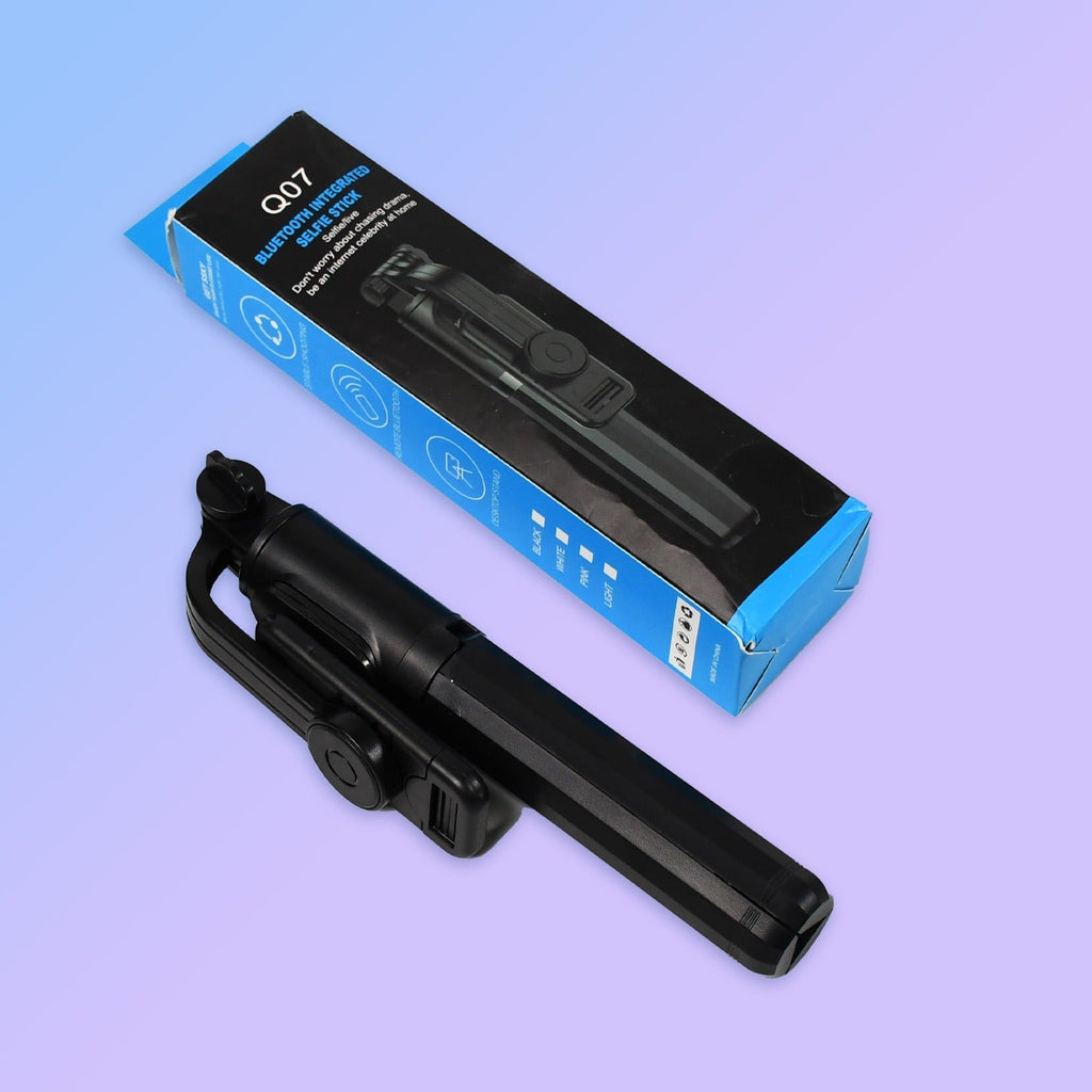 Bluetooth selfie stick in a folded, portable design for easy carrying.