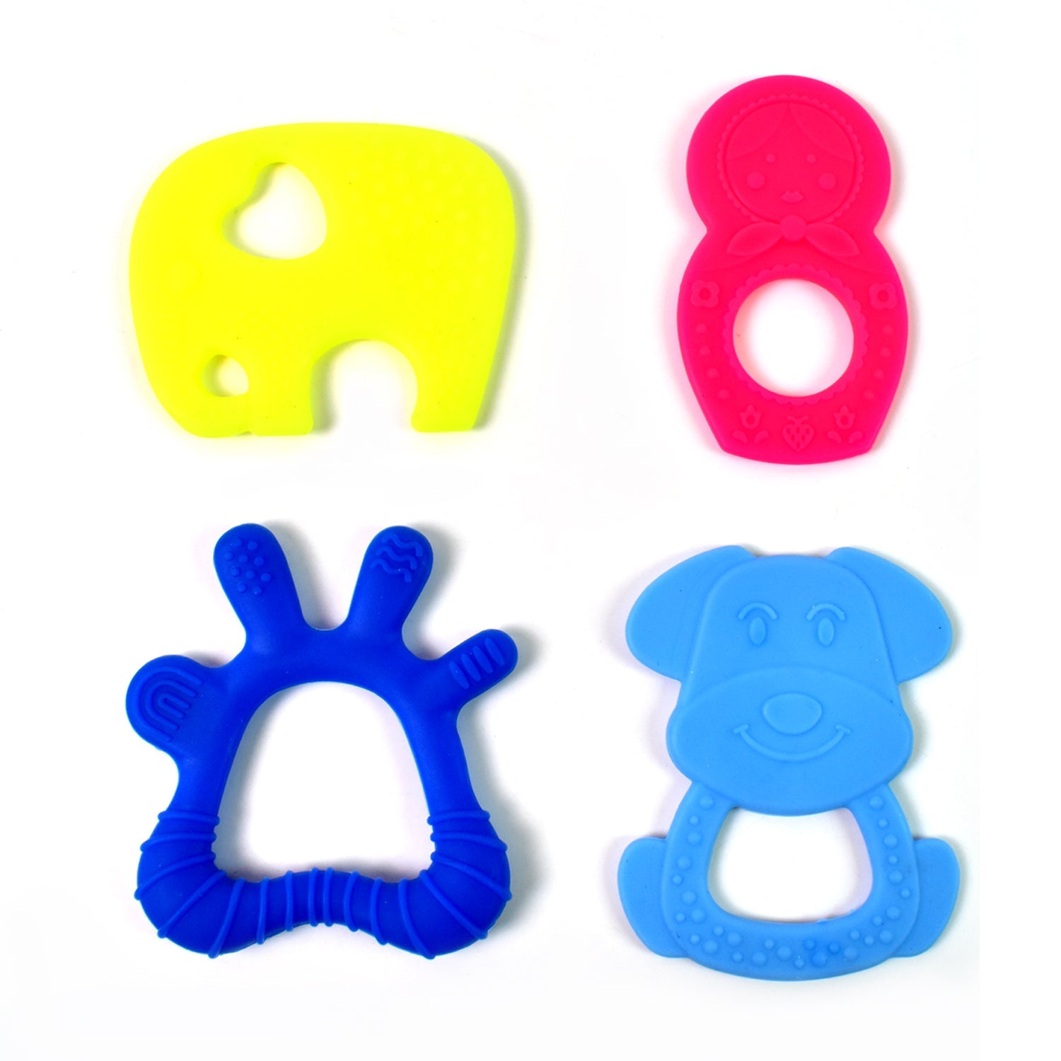 Assortment of colorful and uniquely shaped silicone baby teethers.
