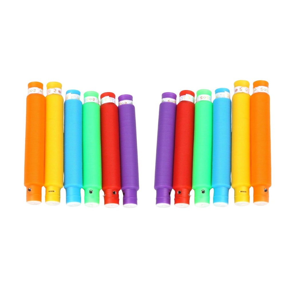 Child's hands stretching a yellow pop tube, demonstrating its flexibility.