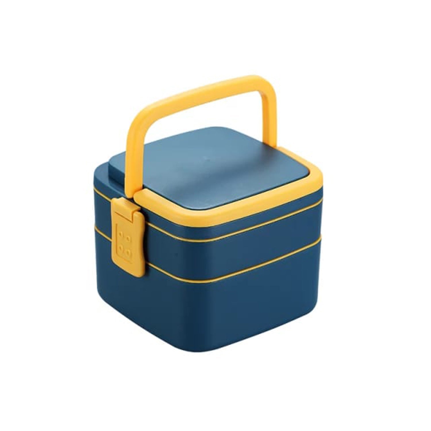 Top-down view of the double-layer blue bento box with its spoon and carrying handle.