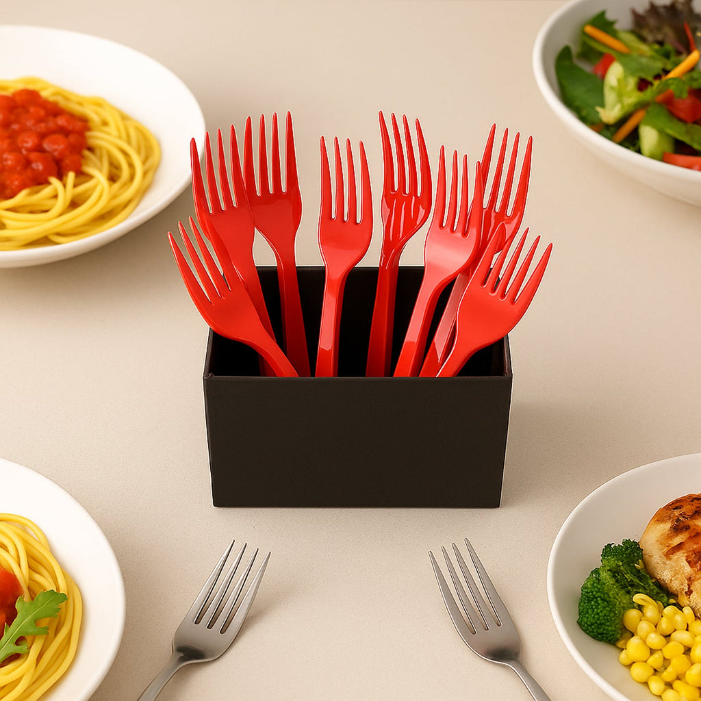 Pack of 8 red disposable plastic forks neatly arranged