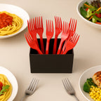 Pack of 8 red disposable plastic forks neatly arranged