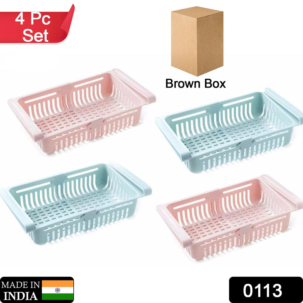Complete 4-piece set of transparent fridge storage baskets, ready for use.