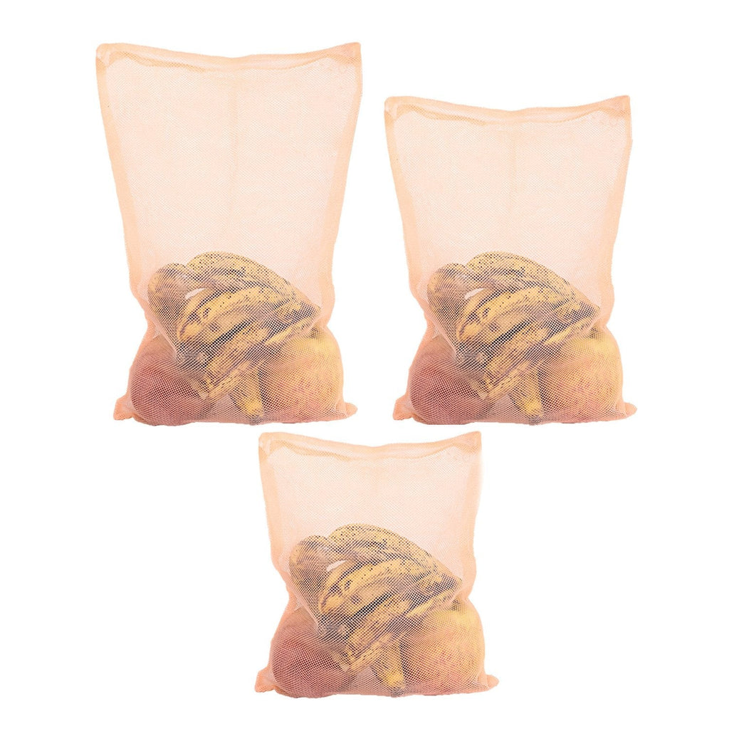 Assortment of multicolour zip net bags filled with fruits and vegetables.